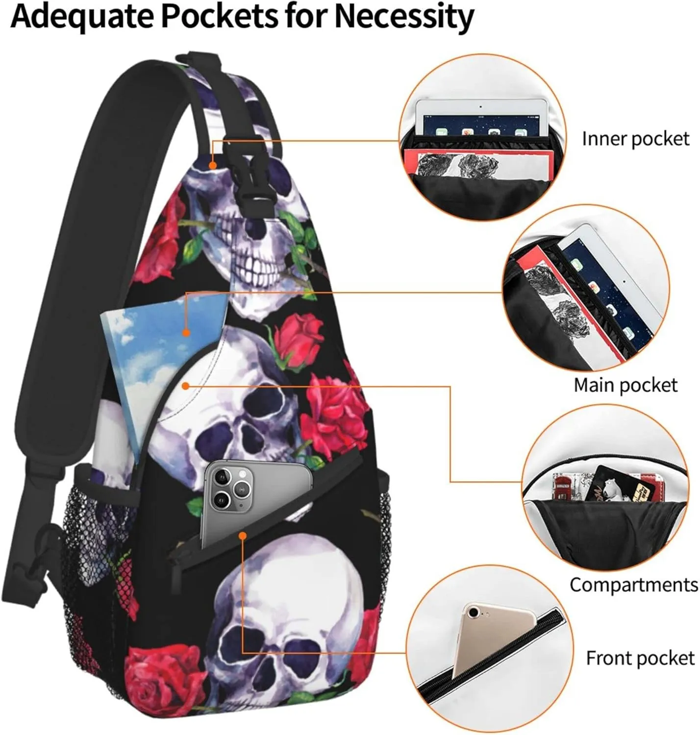 FyLybois Rose and Skull Sling Bag for Travel Crossbody Bags for Women Sling Backpack Outdoor Cycling Hiking