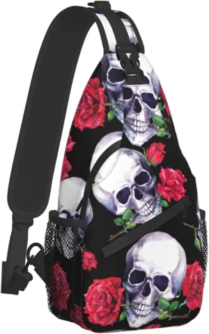 FyLybois Rose and Skull Sling Bag for Travel Crossbody Bags for Women Sling Backpack Outdoor Cycling Hiking