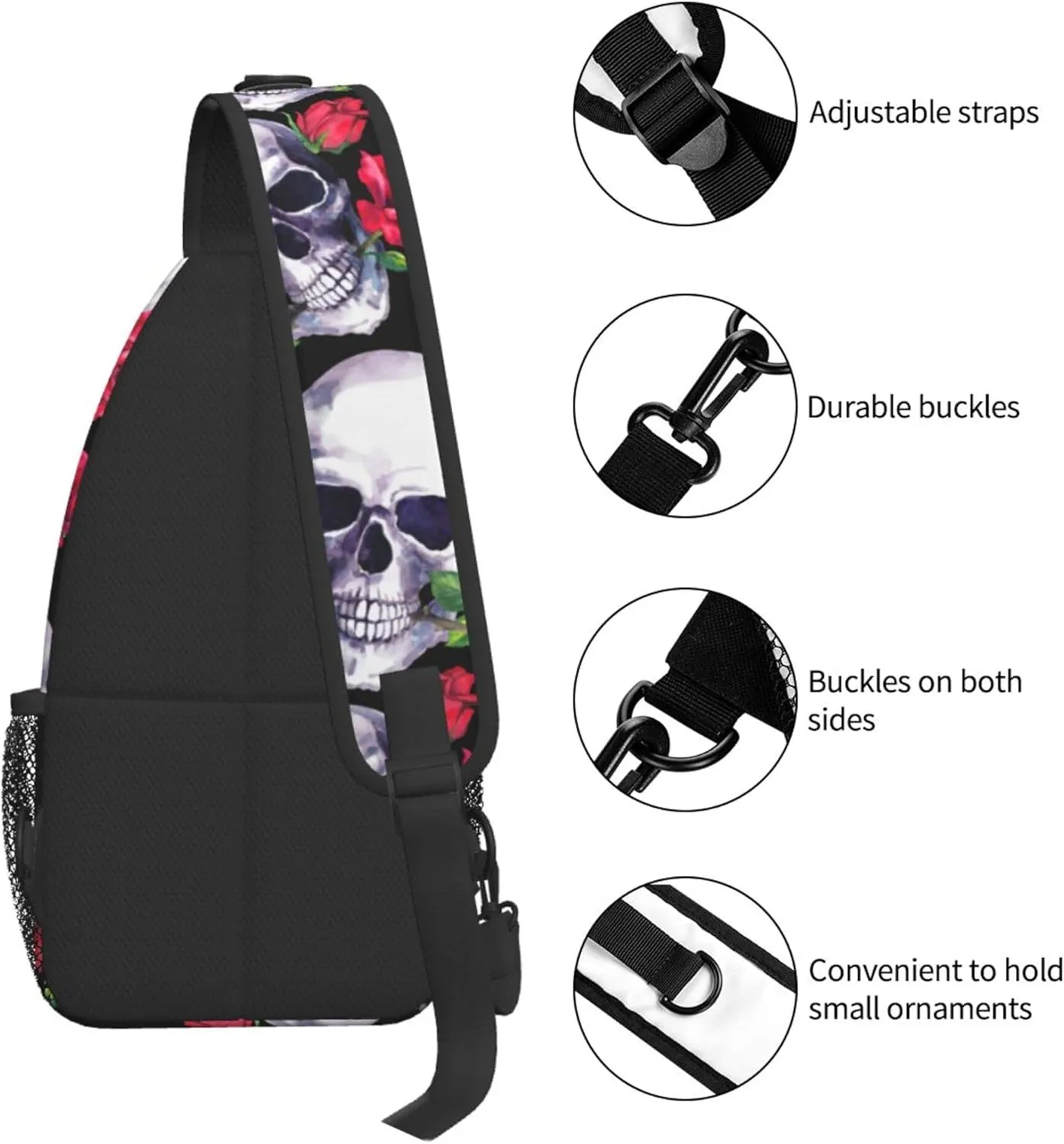 FyLybois Rose and Skull Sling Bag for Travel Crossbody Bags for Women Sling Backpack Outdoor Cycling Hiking