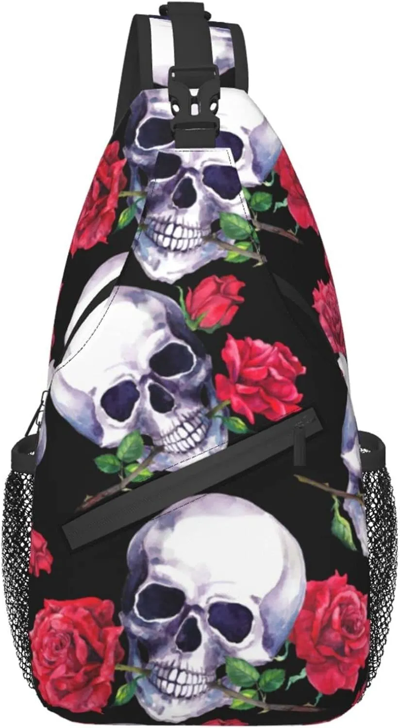 FyLybois Rose and Skull Sling Bag for Travel Crossbody Bags for Women Sling Backpack Outdoor Cycling Hiking