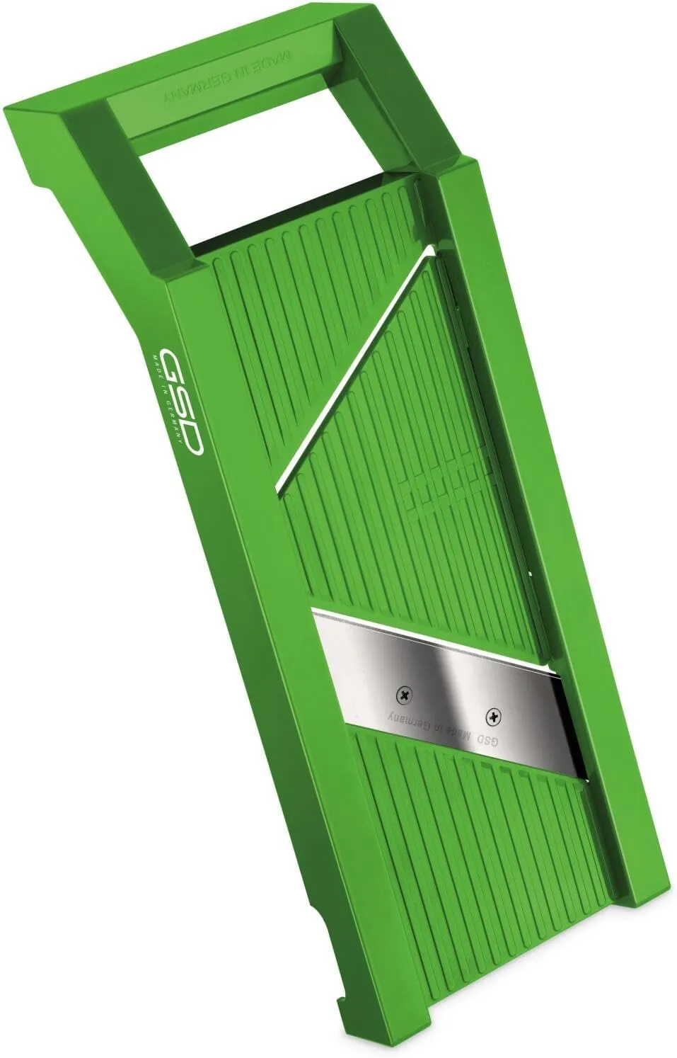G S D Haushaltsgeräte 30021 Universal Vegetable Slicer with 3 Inserts Made of Plastic in Green for Cutting into Various Disc Thicknesses Stainless Steel Knife Dimensions: 11 cm x 30 cm x 6 cm