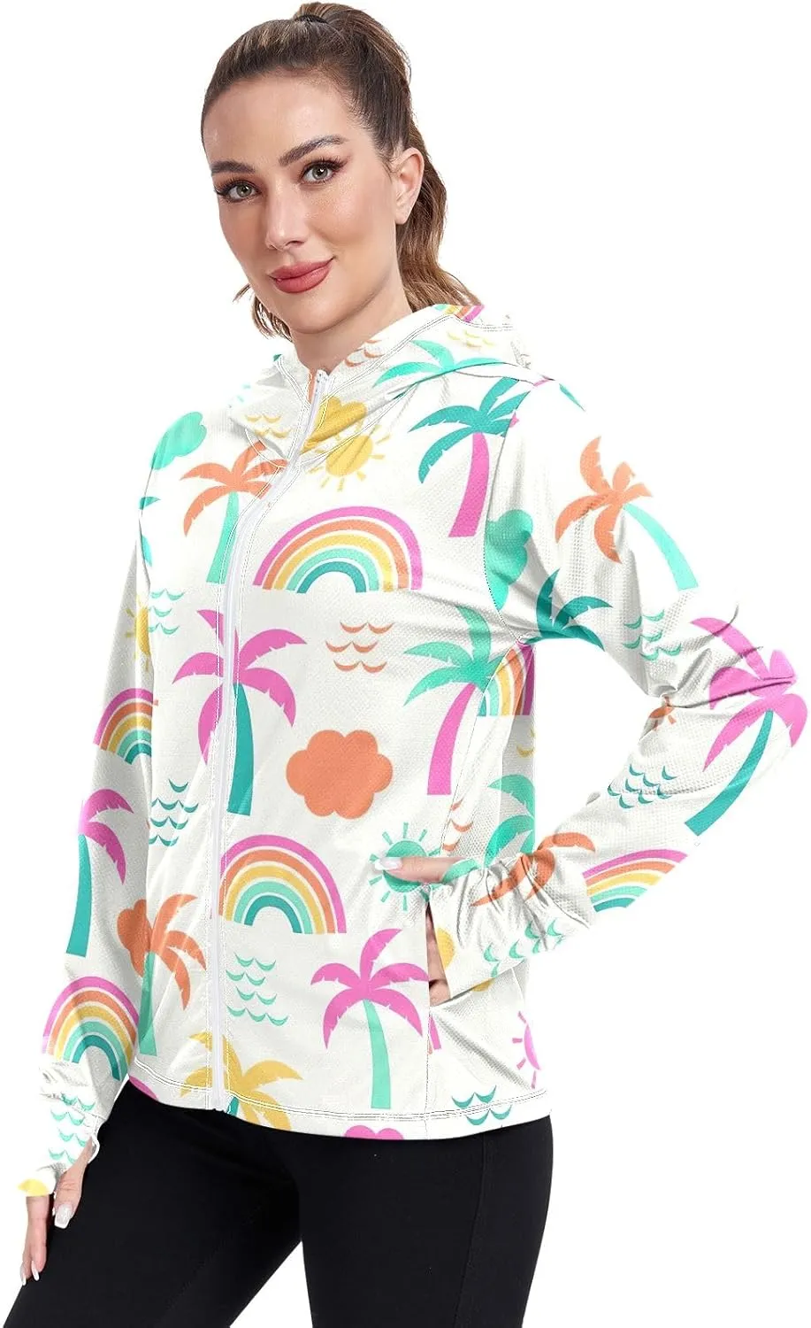 GAIGEO Colorful Leaves Flowers Women Jacket Breathable Uv Protection Clothing Women UPF 50 , with Zip Pockets, S