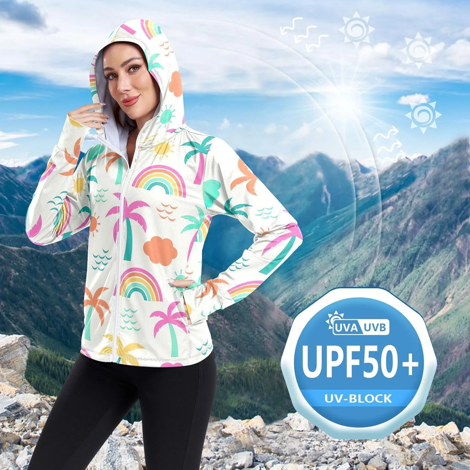 GAIGEO Colorful Leaves Flowers Women Jacket Breathable Uv Protection Clothing Women UPF 50 , with Zip Pockets, S