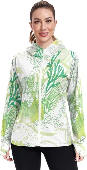 GAIGEO Green Corals Women Jacket Breathable Womens Sun Protection Clothing UPF 50 , with Zip Pockets, S