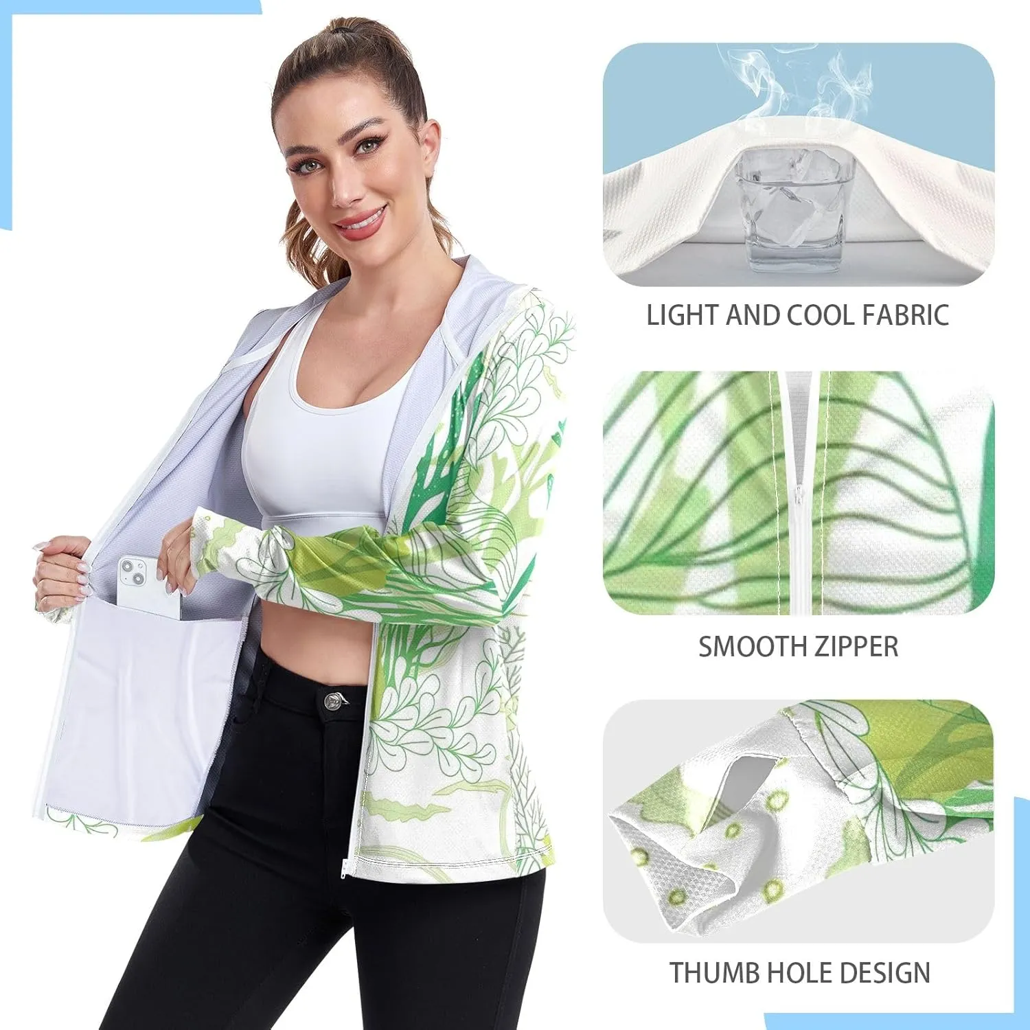 GAIGEO Green Corals Women Jacket Breathable Womens Sun Protection Clothing UPF 50 , with Zip Pockets, S