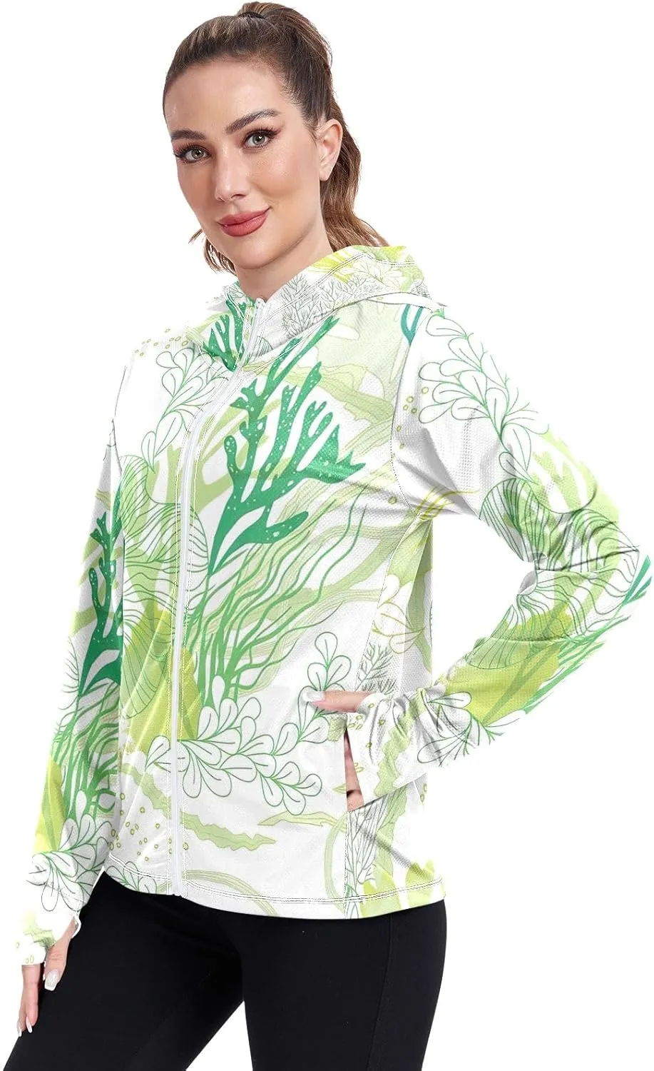 GAIGEO Green Corals Women Jacket Breathable Womens Sun Protection Clothing UPF 50 , with Zip Pockets, S