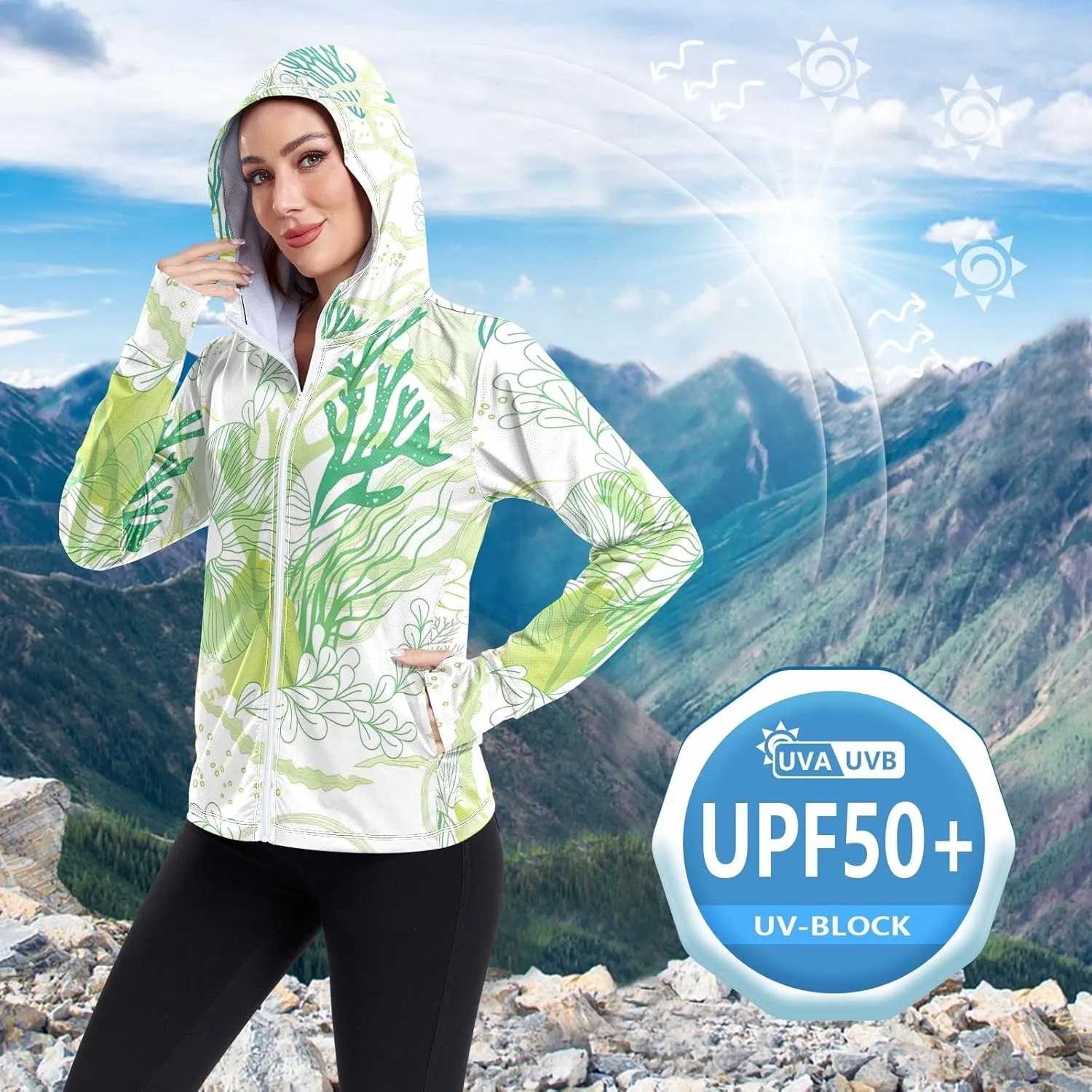 GAIGEO Green Corals Women Jacket Breathable Womens Sun Protection Clothing UPF 50 , with Zip Pockets, S