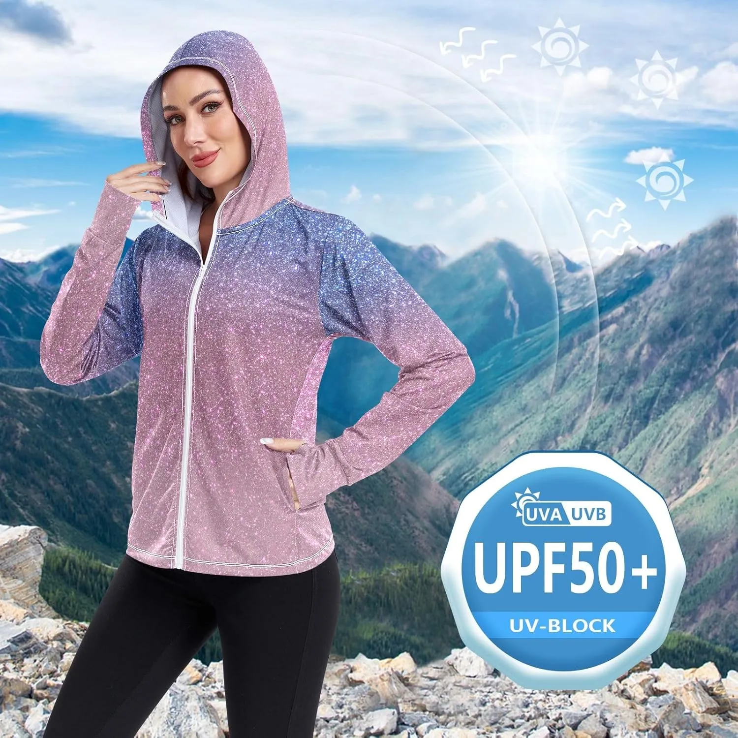 GAIGEO Purple Red Yellow Glitter Women Jacket Breathable Sunscreen Clothing for Women UPF 50 , with Zip Pockets, S