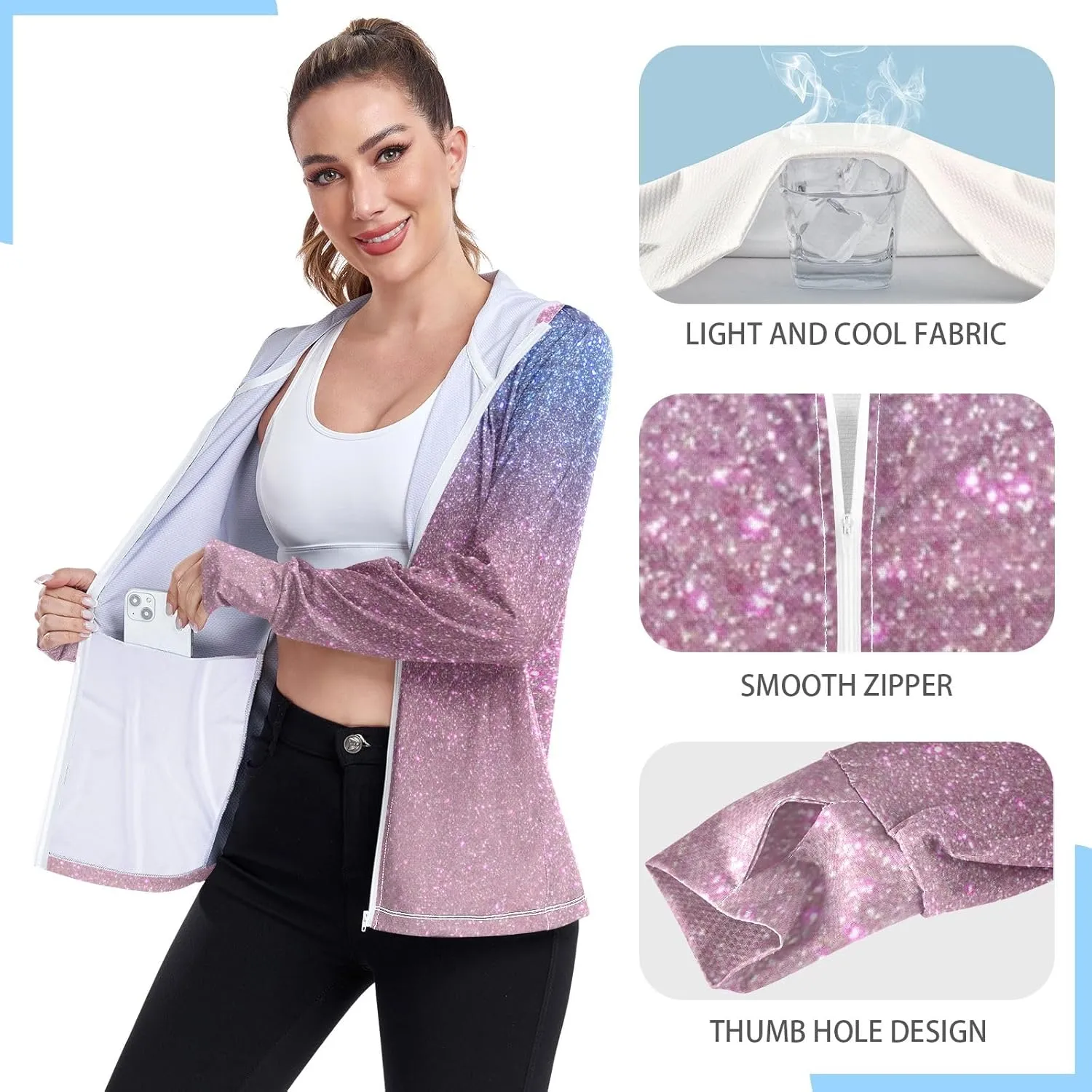 GAIGEO Purple Red Yellow Glitter Women Jacket Breathable Sunscreen Clothing for Women UPF 50 , with Zip Pockets, S