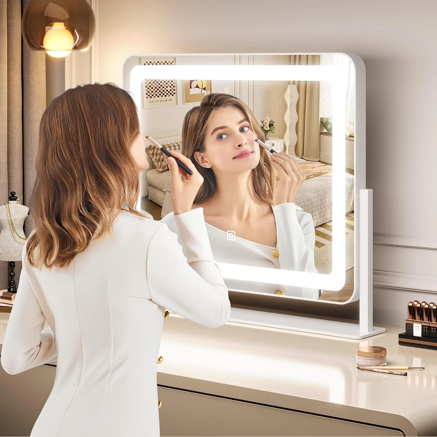 GAOMON Vanity Mirror with Lights, 19.7"x17.5" Touch Screen LED Mirror, 3 Lighting Modes for Makeup/Skincare, Adjustable Tabletop Mirror for Bedroom/Bathroom Decor, White