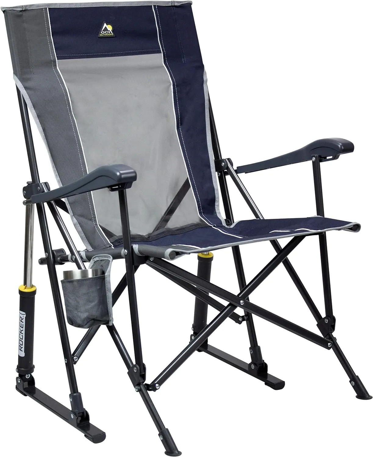 GCI OUTDOOR RoadTrip Rocker Camping Chair | Portable, Folding Rocking Chair with Solid, Durable Armrests, Drink Holder & Comfortable Extended Backrest — Indigo Blue