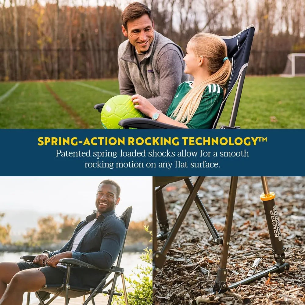 GCI OUTDOOR RoadTrip Rocker Camping Chair | Portable, Folding Rocking Chair with Solid, Durable Armrests, Drink Holder & Comfortable Extended Backrest — Indigo Blue