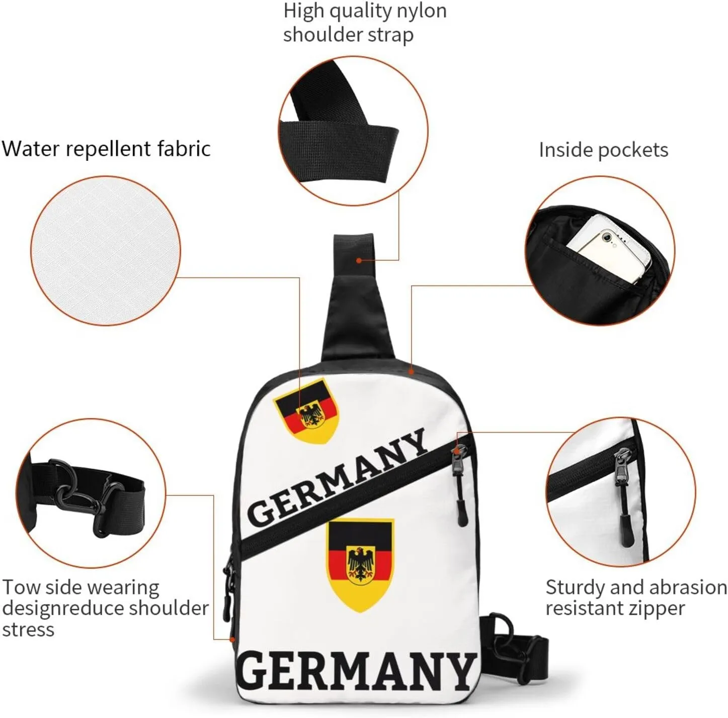Germany German Football Soccer Flag Packable Crossbody Bag Portable Sling Bags Foldable Travel Daypack Reusable Sports Shoulder Backpack Diagonally Chest Bag for Workout