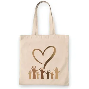 Gift for Humanity and Equality Advocates Anti Racism Peace Unity Kindness Heart with Hands Natural White Multicolor Canvas Tote Bag