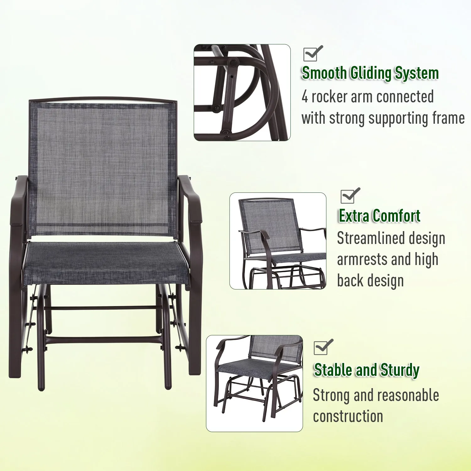 Glider Rocking Chair & Table Set, 2 Single Seaters Rocker Swing Chair for Patio, Grey