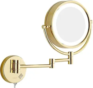 Gold Wall-Mounted Makeup Mirror, 8 inch Magnifying Double Sided LED Lighted Mirror, Extendable 360° Swivel Shaving Cosmetic Vanity Mirror with Plug Switch(7X)