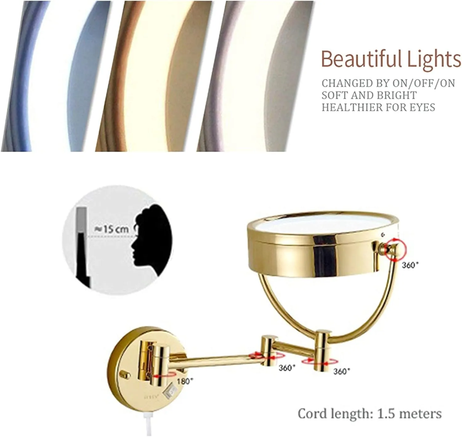 Gold Wall-Mounted Makeup Mirror, 8 inch Magnifying Double Sided LED Lighted Mirror, Extendable 360° Swivel Shaving Cosmetic Vanity Mirror with Plug Switch(7X)