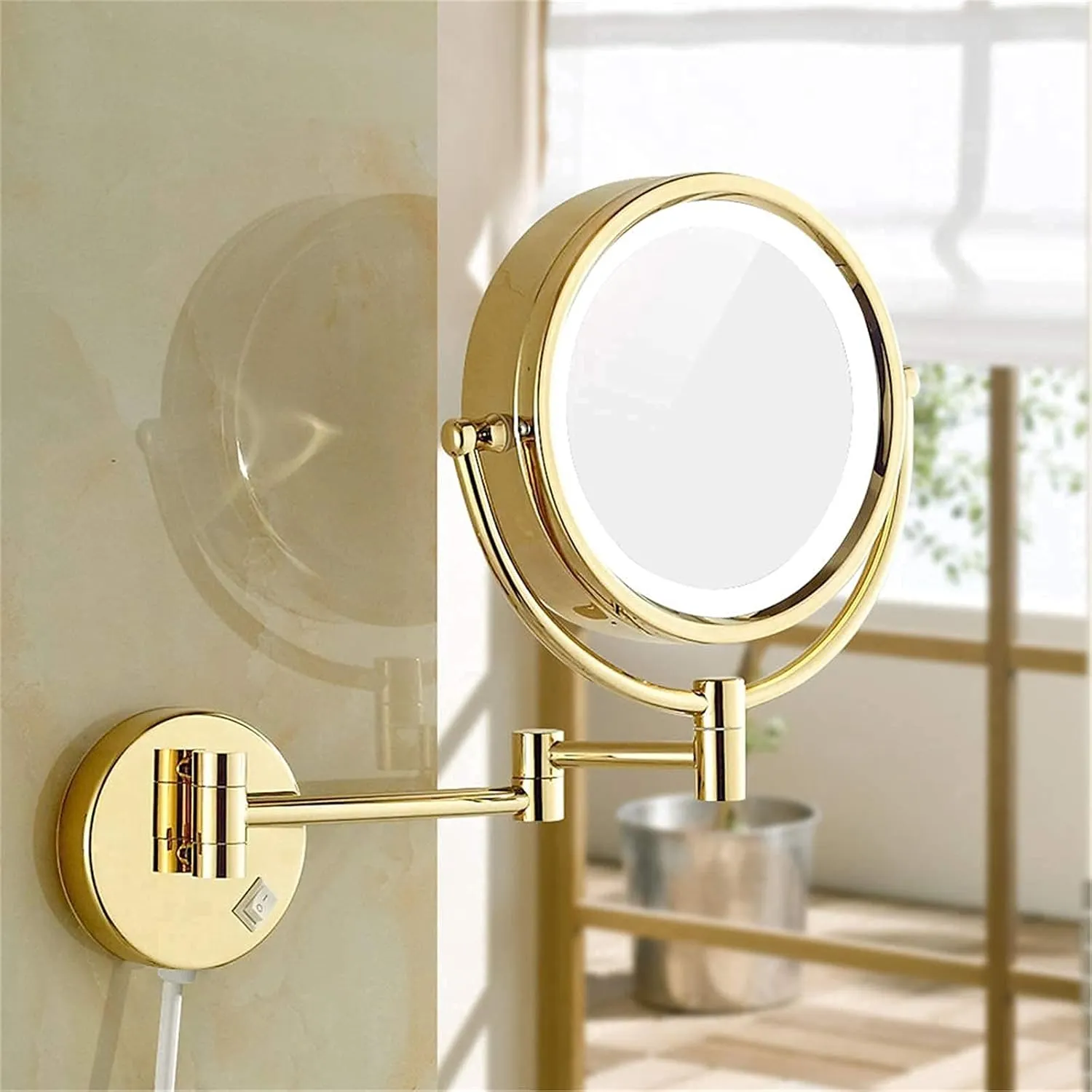 Gold Wall-Mounted Makeup Mirror, 8 inch Magnifying Double Sided LED Lighted Mirror, Extendable 360° Swivel Shaving Cosmetic Vanity Mirror with Plug Switch(7X)