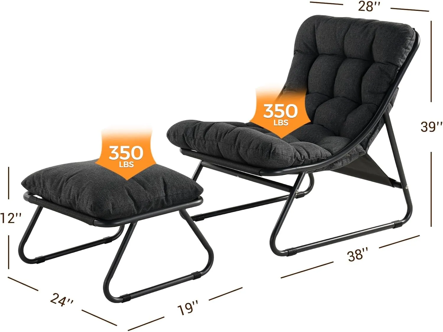 Grand patio Outdoor Lounge Chair with Ottoman, Comfy Sling Recliner Chair with Puffy Cushion and Foot Stool, Modern Patio Lounge Set for Porch Deck Garden, Dark Gray