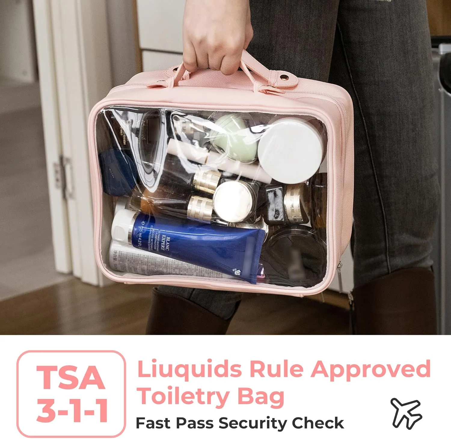 GRANNY SAYS TSA Approved Toiletry Bag, Clear Makeup Bag, Travel Toiletry Bag for Women, Leather Travel Cosmetic Bag, Portable PVC Waterproof Bag, Large Makeup Organizer, Pink