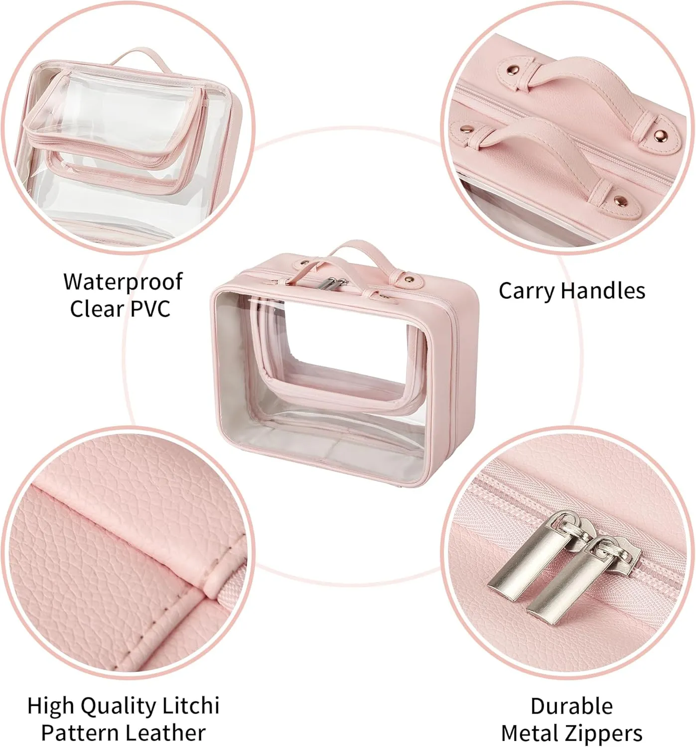 GRANNY SAYS TSA Approved Toiletry Bag, Clear Makeup Bag, Travel Toiletry Bag for Women, Leather Travel Cosmetic Bag, Portable PVC Waterproof Bag, Large Makeup Organizer, Pink