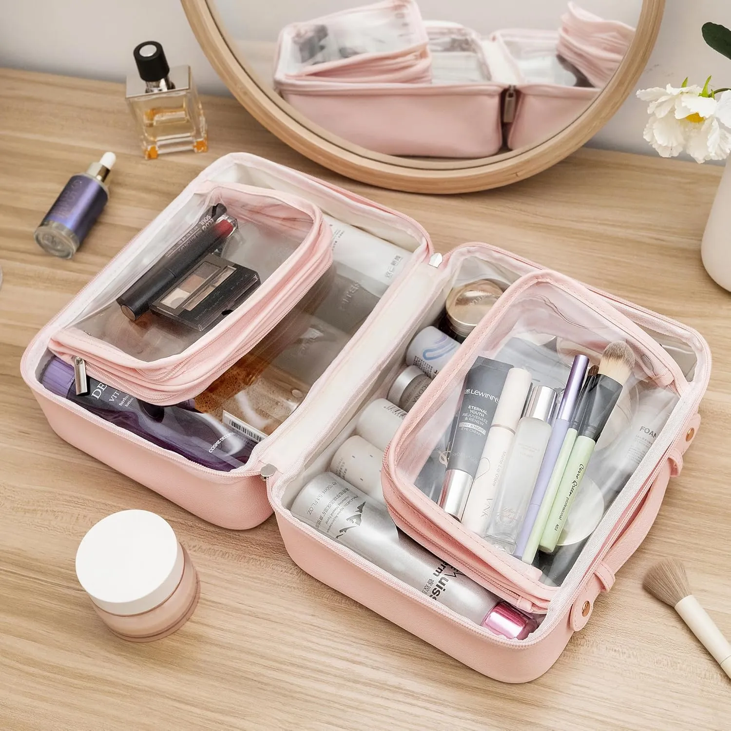 GRANNY SAYS TSA Approved Toiletry Bag, Clear Makeup Bag, Travel Toiletry Bag for Women, Leather Travel Cosmetic Bag, Portable PVC Waterproof Bag, Large Makeup Organizer, Pink