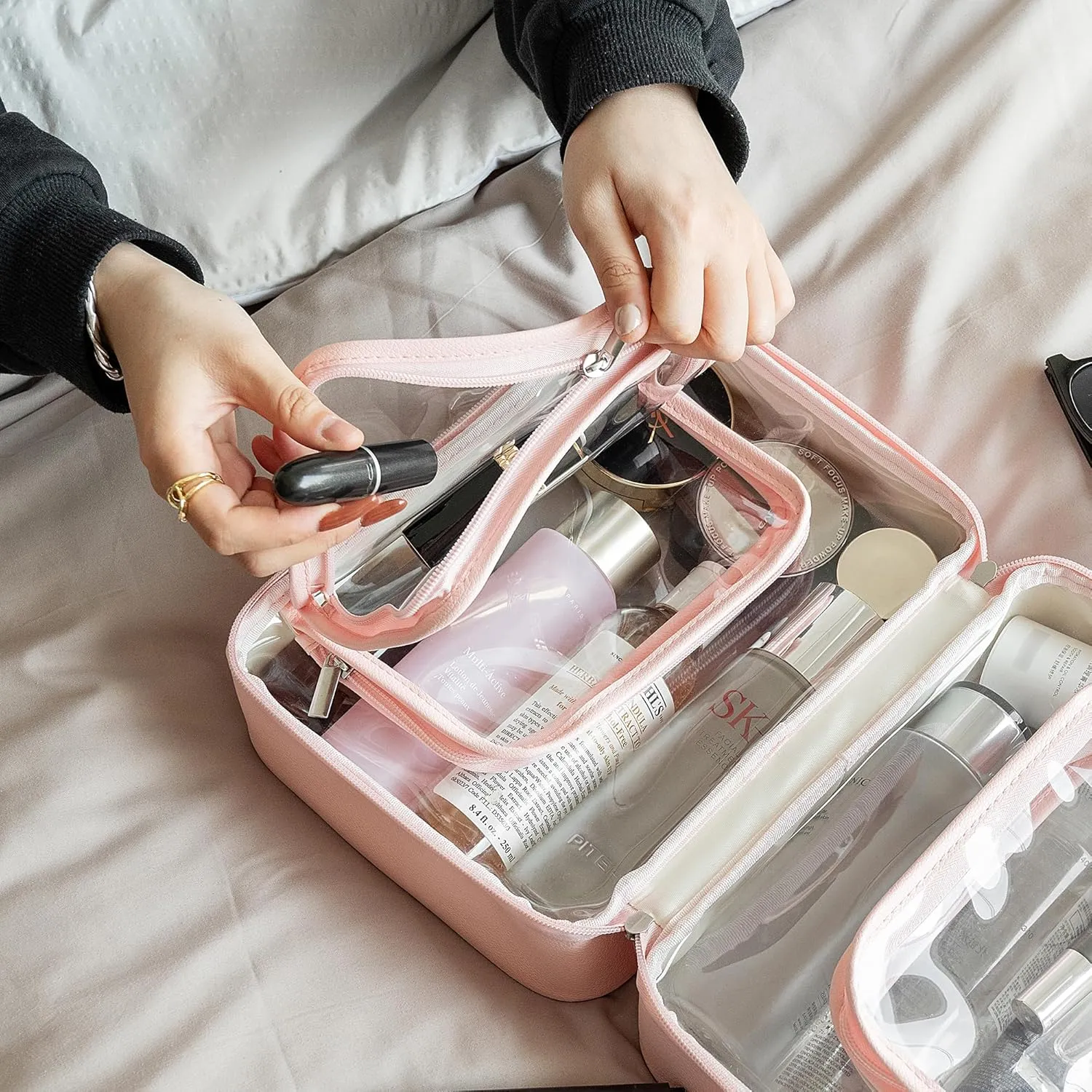 GRANNY SAYS TSA Approved Toiletry Bag, Clear Makeup Bag, Travel Toiletry Bag for Women, Leather Travel Cosmetic Bag, Portable PVC Waterproof Bag, Large Makeup Organizer, Pink
