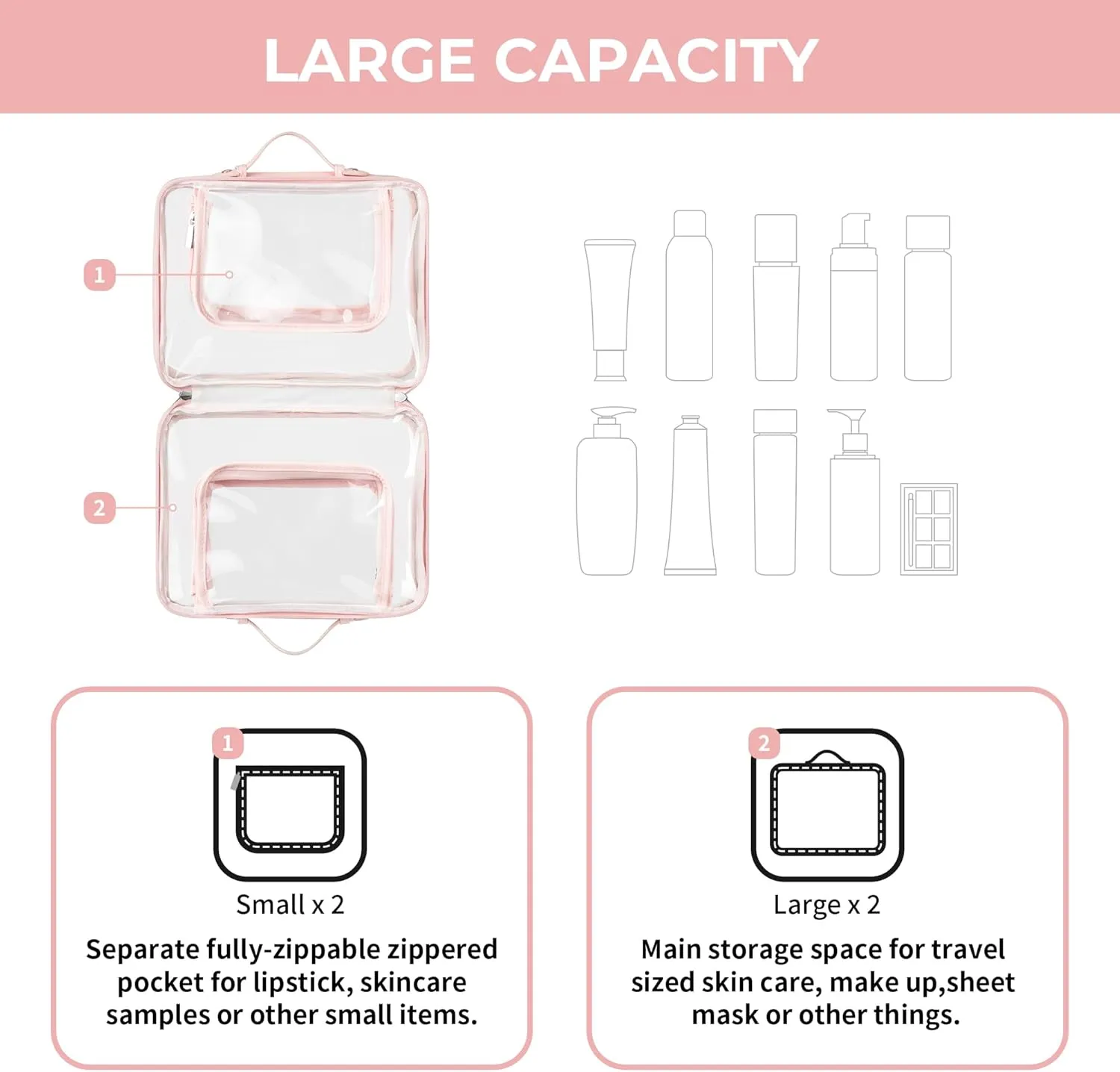 GRANNY SAYS TSA Approved Toiletry Bag, Clear Makeup Bag, Travel Toiletry Bag for Women, Leather Travel Cosmetic Bag, Portable PVC Waterproof Bag, Large Makeup Organizer, Pink