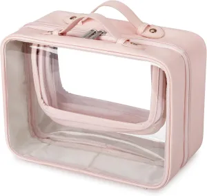 GRANNY SAYS TSA Approved Toiletry Bag, Clear Makeup Bag, Travel Toiletry Bag for Women, Leather Travel Cosmetic Bag, Portable PVC Waterproof Bag, Large Makeup Organizer, Pink