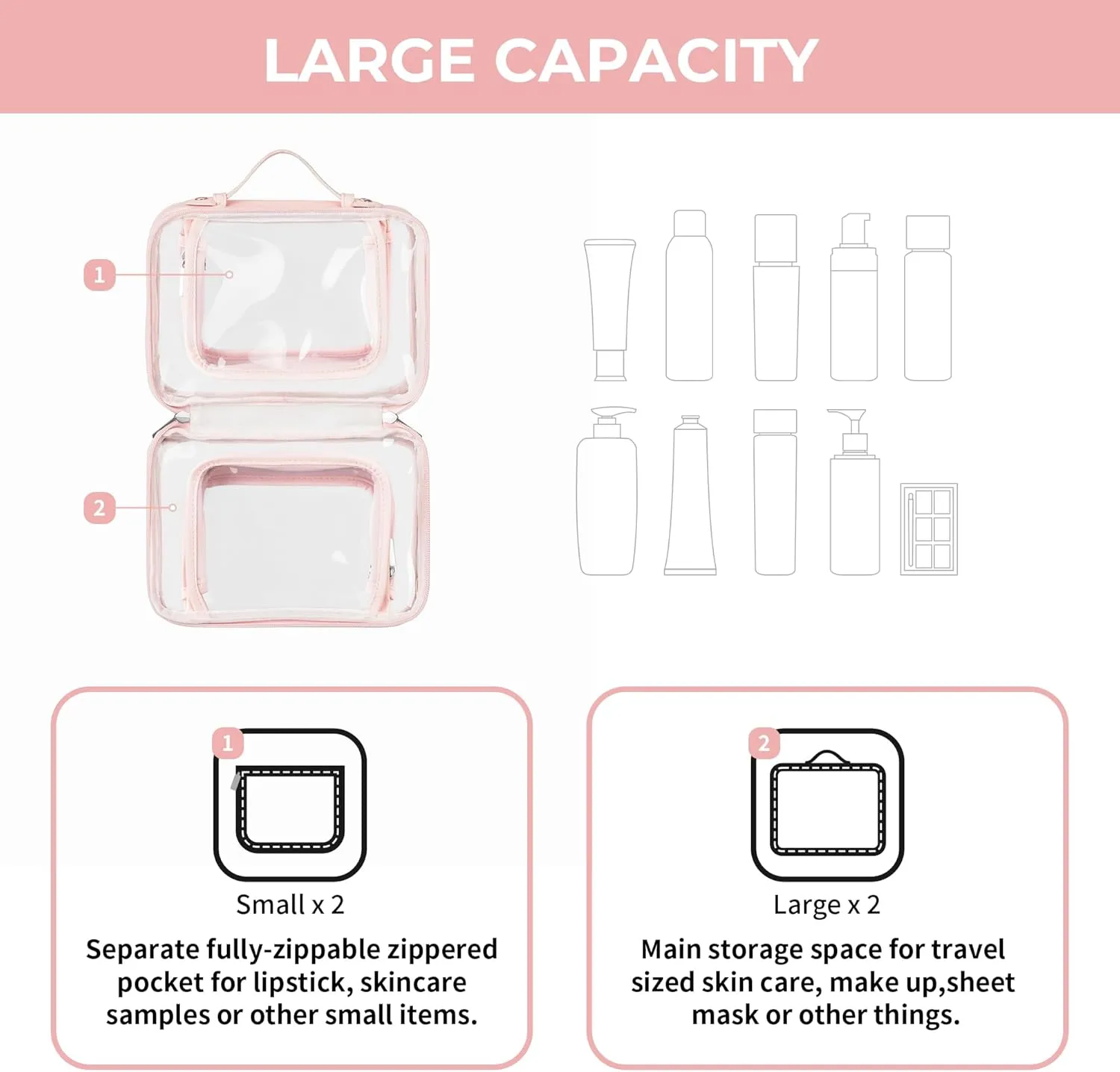 GRANNY SAYS TSA Approved Toiletry Bag, Clear Makeup Bag, Travel Toiletry Bag for Women, Leather Travel Cosmetic Bag, Portable PVC Waterproof Bag, Small Makeup Organizer, Pink