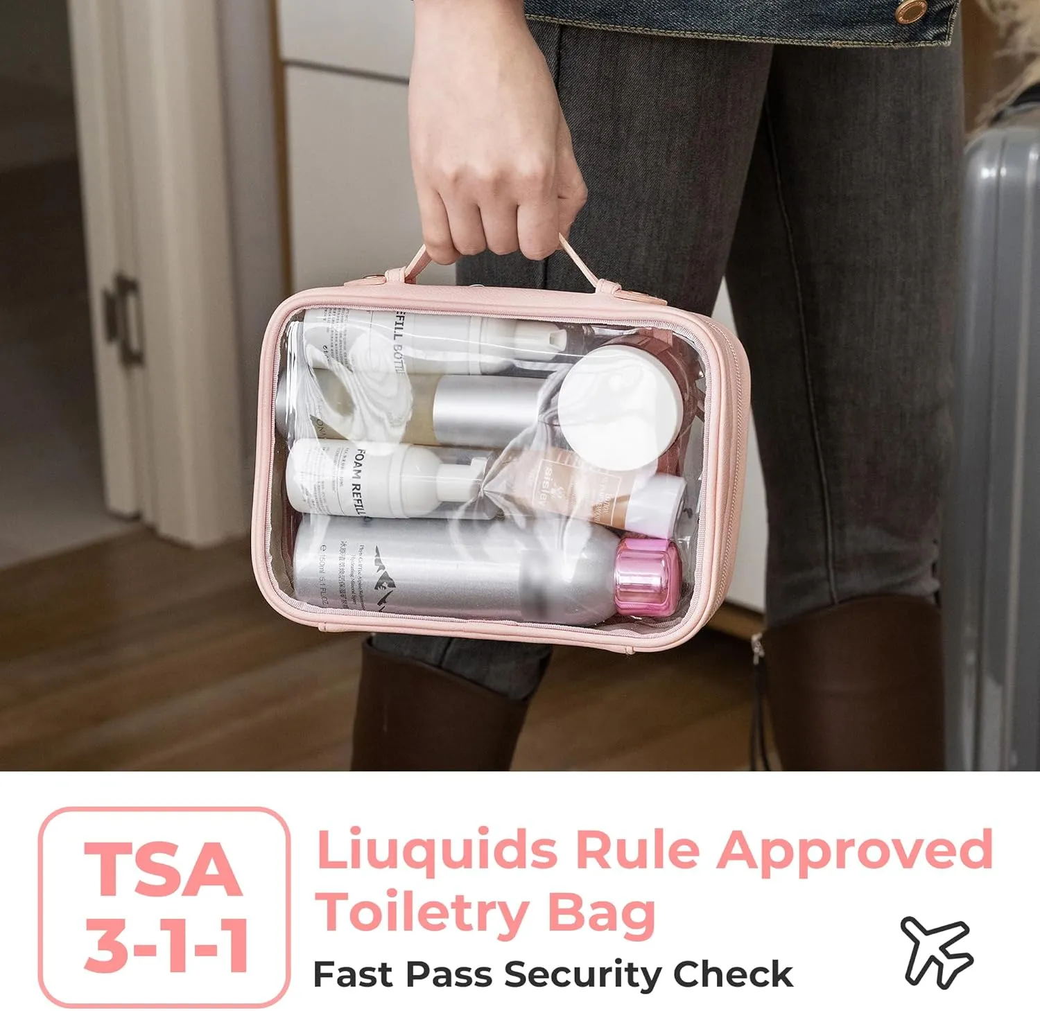 GRANNY SAYS TSA Approved Toiletry Bag, Clear Makeup Bag, Travel Toiletry Bag for Women, Leather Travel Cosmetic Bag, Portable PVC Waterproof Bag, Small Makeup Organizer, Pink