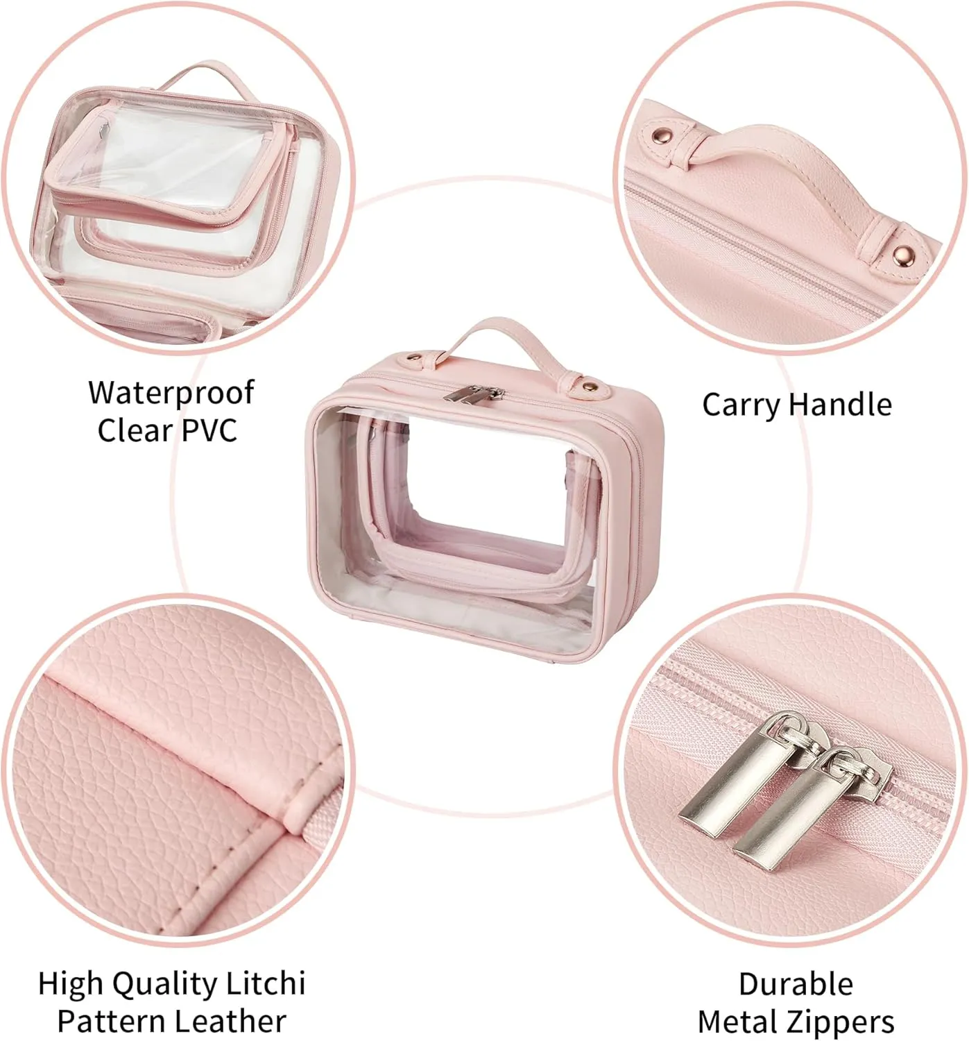 GRANNY SAYS TSA Approved Toiletry Bag, Clear Makeup Bag, Travel Toiletry Bag for Women, Leather Travel Cosmetic Bag, Portable PVC Waterproof Bag, Small Makeup Organizer, Pink