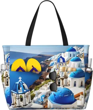 Greek Island Sea View Print Beach Tote Bag Large Travel Bag With Zipper And Pockets Lightweight Gym Bag