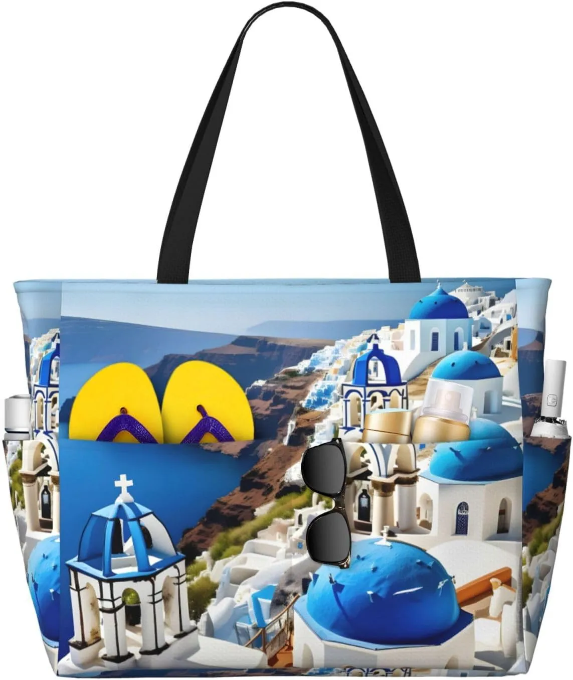 Greek Island Sea View Print Beach Tote Bag Large Travel Bag With Zipper And Pockets Lightweight Gym Bag