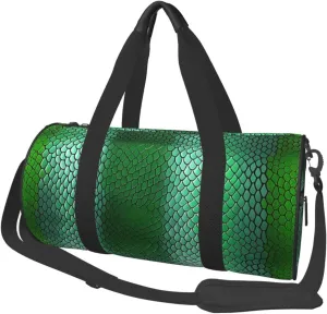 Green Snakeskin Printed Travel Bag,Round Personal Item Storage bag,Foldie Duffel Bag for Traveling Vacation,Fitness,Sports