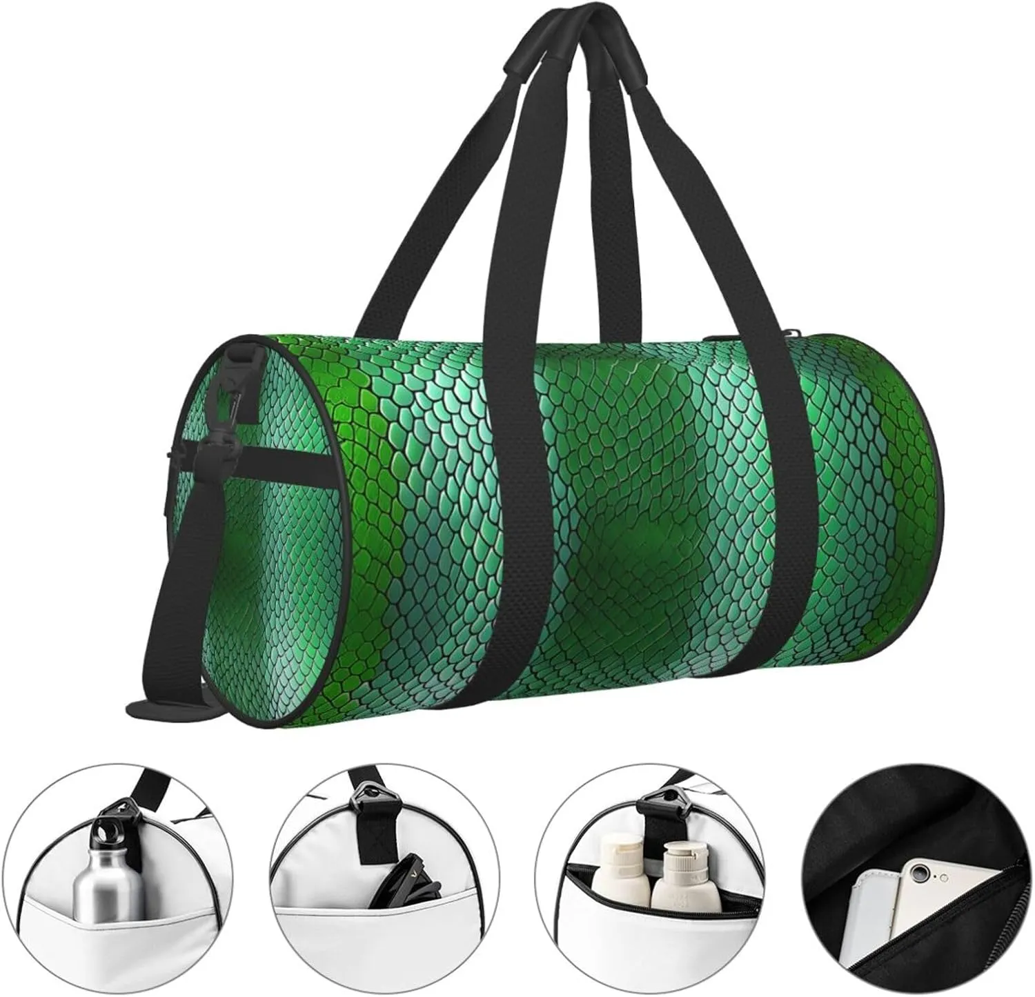 Green Snakeskin Printed Travel Bag,Round Personal Item Storage bag,Foldie Duffel Bag for Traveling Vacation,Fitness,Sports