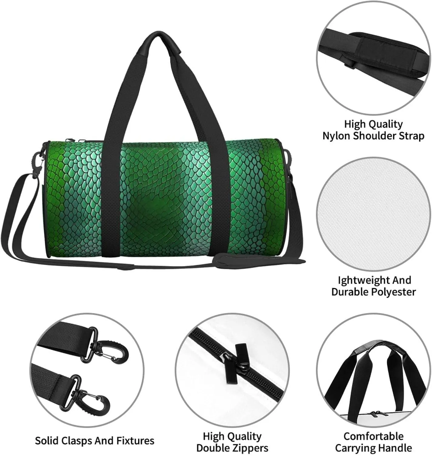 Green Snakeskin Printed Travel Bag,Round Personal Item Storage bag,Foldie Duffel Bag for Traveling Vacation,Fitness,Sports