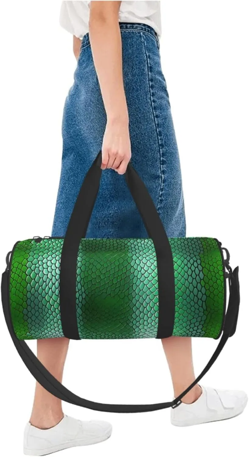 Green Snakeskin Printed Travel Bag,Round Personal Item Storage bag,Foldie Duffel Bag for Traveling Vacation,Fitness,Sports