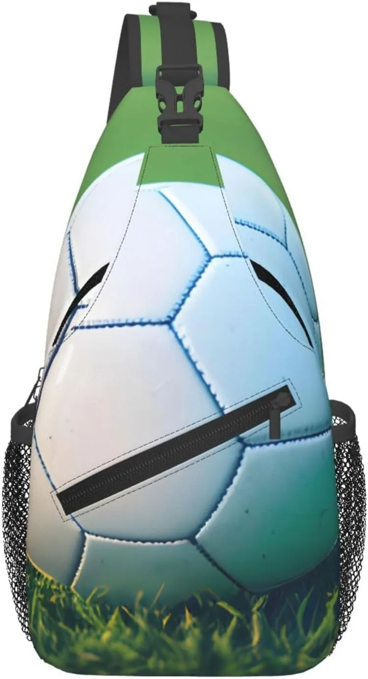 Green Soccer Ball On Grassy Print Sling Bag Crossbody Backpack For Women Men Hiking Travel Over The Shoulder Multipurpose Bag