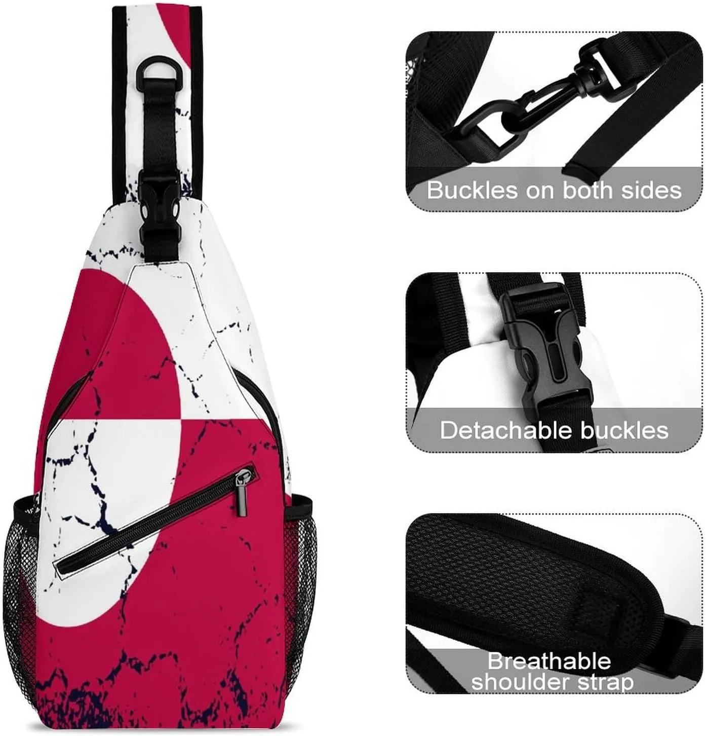 Greenland Flag Grunge Design Sling Bag Crossbody Chest Bag Shoulder Bag For Travel Hiking Cycling Camping
