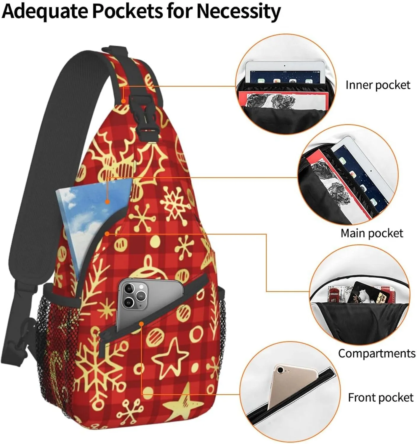 GTEVUTS Christmas Golden Decor Crossbody Bag for Women Men - Small Sling Bag Backpack Daypack Multipurpose Chest Bag Adult