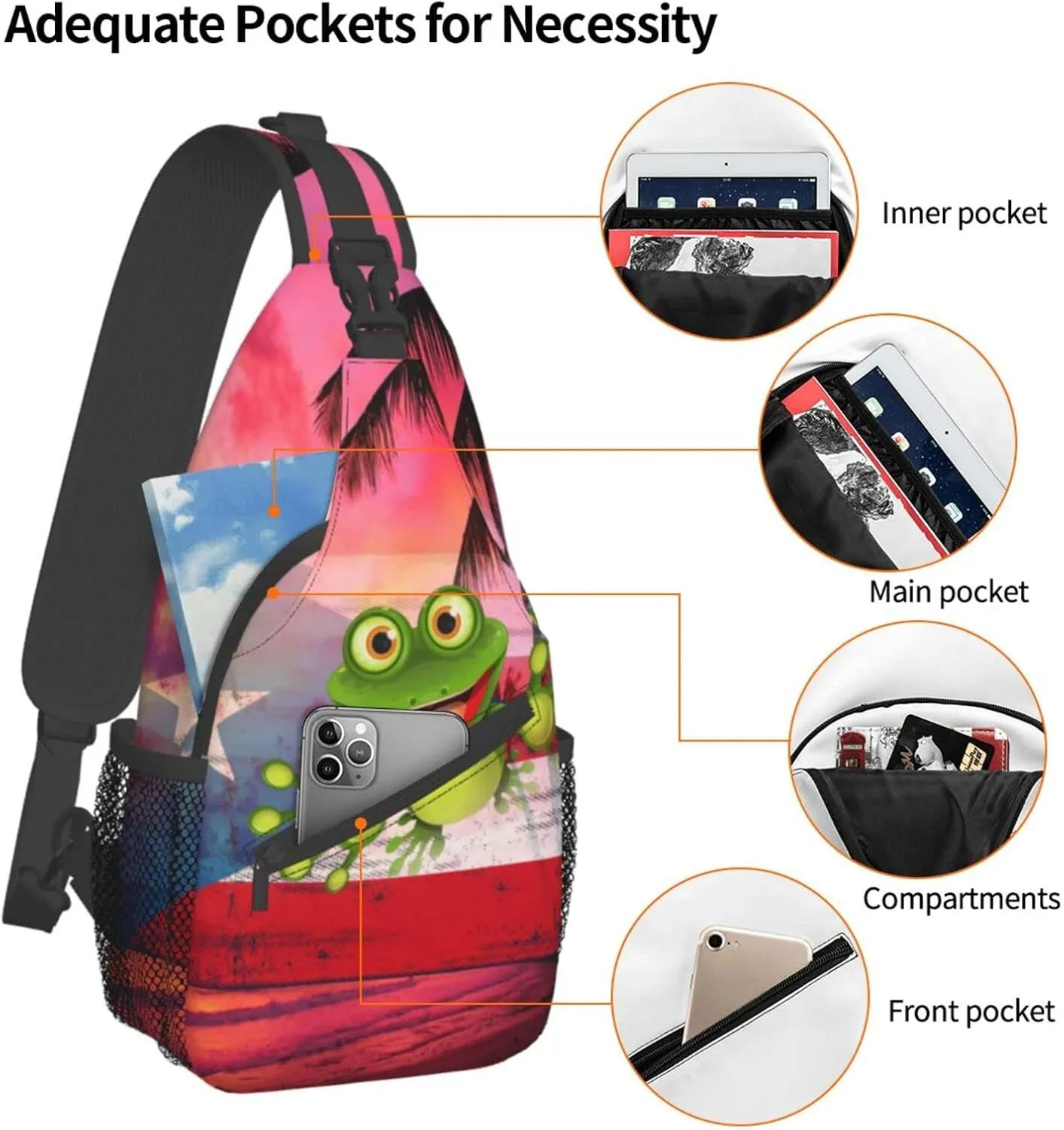 GTEVUTS Tropical Frog Crossbody Bags for Women Men,Vintage Casual Sling Bag Chest Bag Abstract Shoulder Bag Travel Hiking Cycling Gym Sport Daypack Adult Backpack