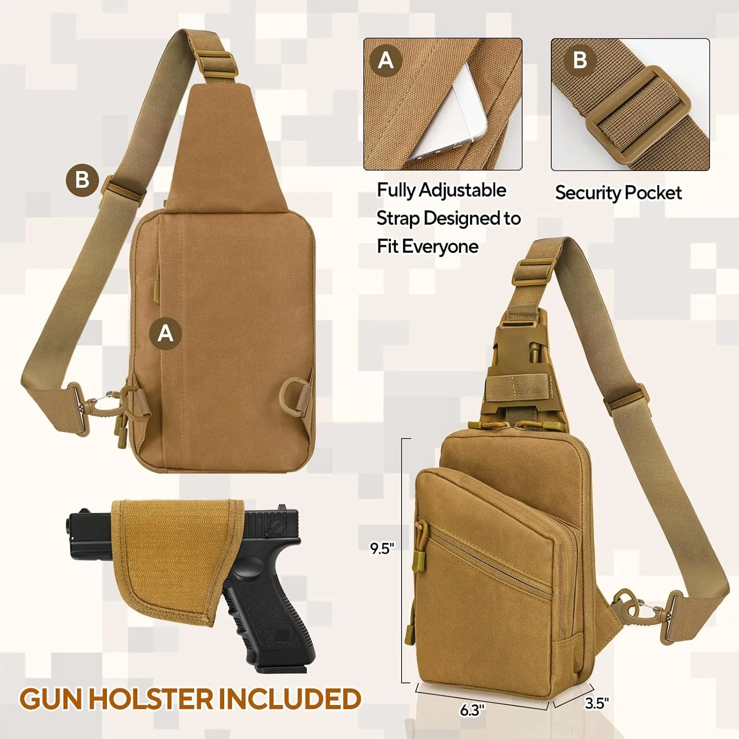 Gun Sling Bag, Concealed Carry Crossbody Pack CCW Sling Bag Durable EDC Shoulder Bag for Handgun with Holster