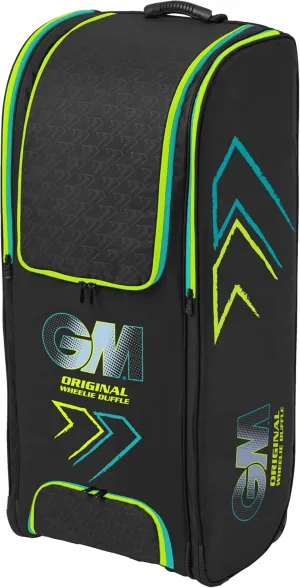 Gunn & Moore GM Cricket Duffel Bag | Original Wheelie Duffle | All-Terrain Wheels | Shoe Tunnel, Two Pad Pockets & Padded Straps | Volume - 126 litres | Tough 600 Denier Polyester | Aion Cyan & Fluro