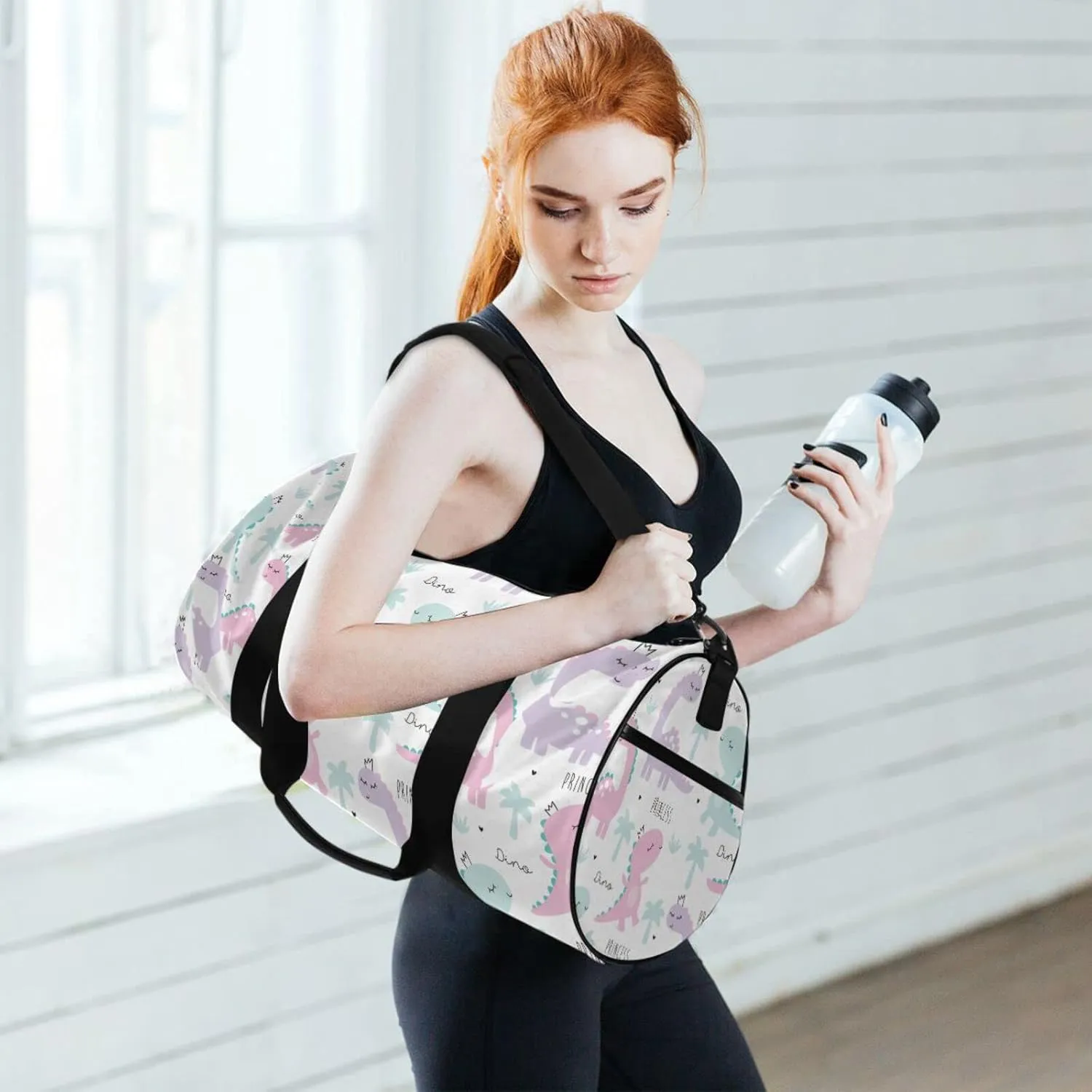 Gym Bag for Women and Men Small Duffel Bag for Sports Travel Weekender Overnight Vacation Beach Lightweight Carry on Bag for Boys Girls Dinosaur White