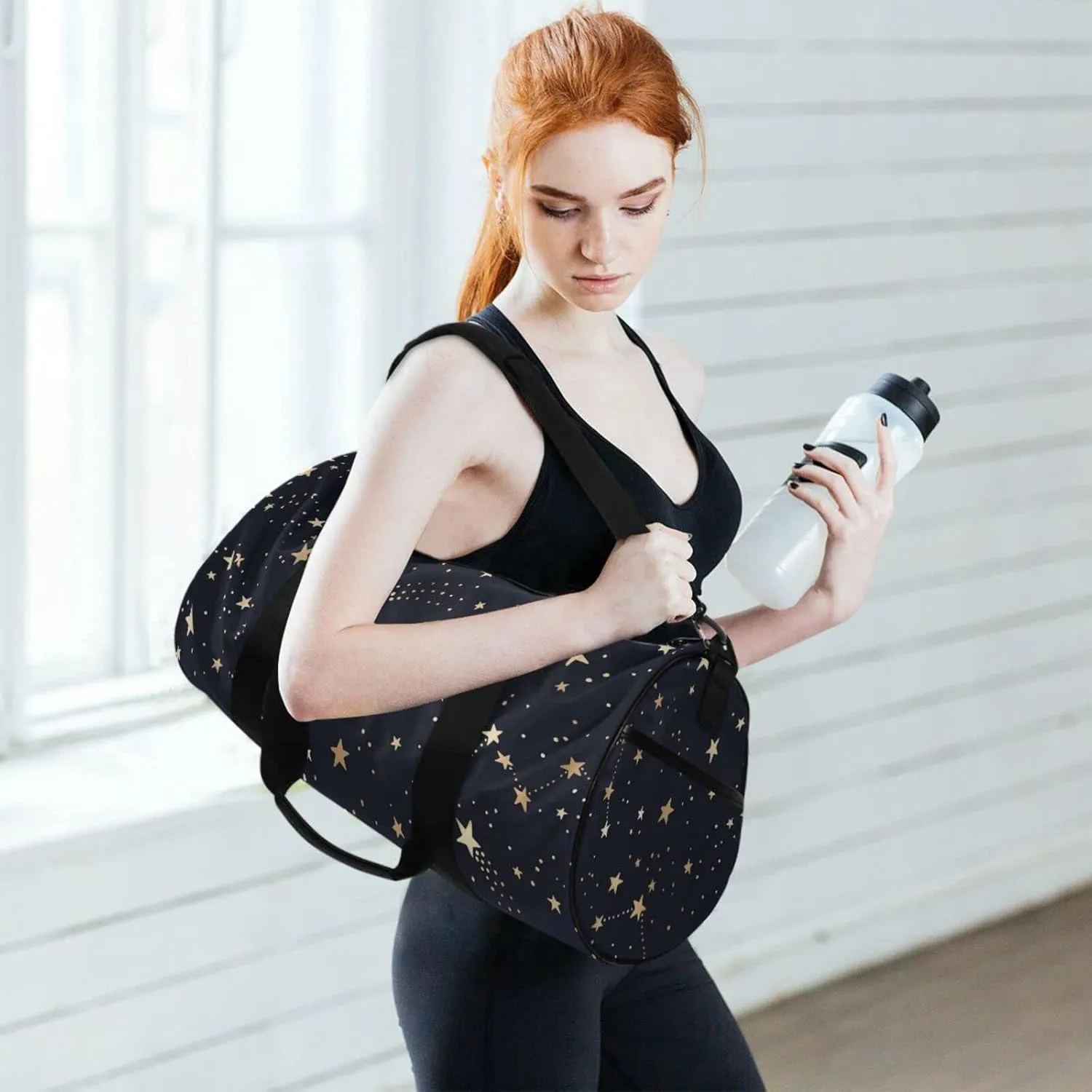 Gym Bag for Women and Men Small Duffel Bag for Sports Travel Weekender Overnight Vacation Beach Lightweight Carry on Bag for Boys Girls Golden Star Black