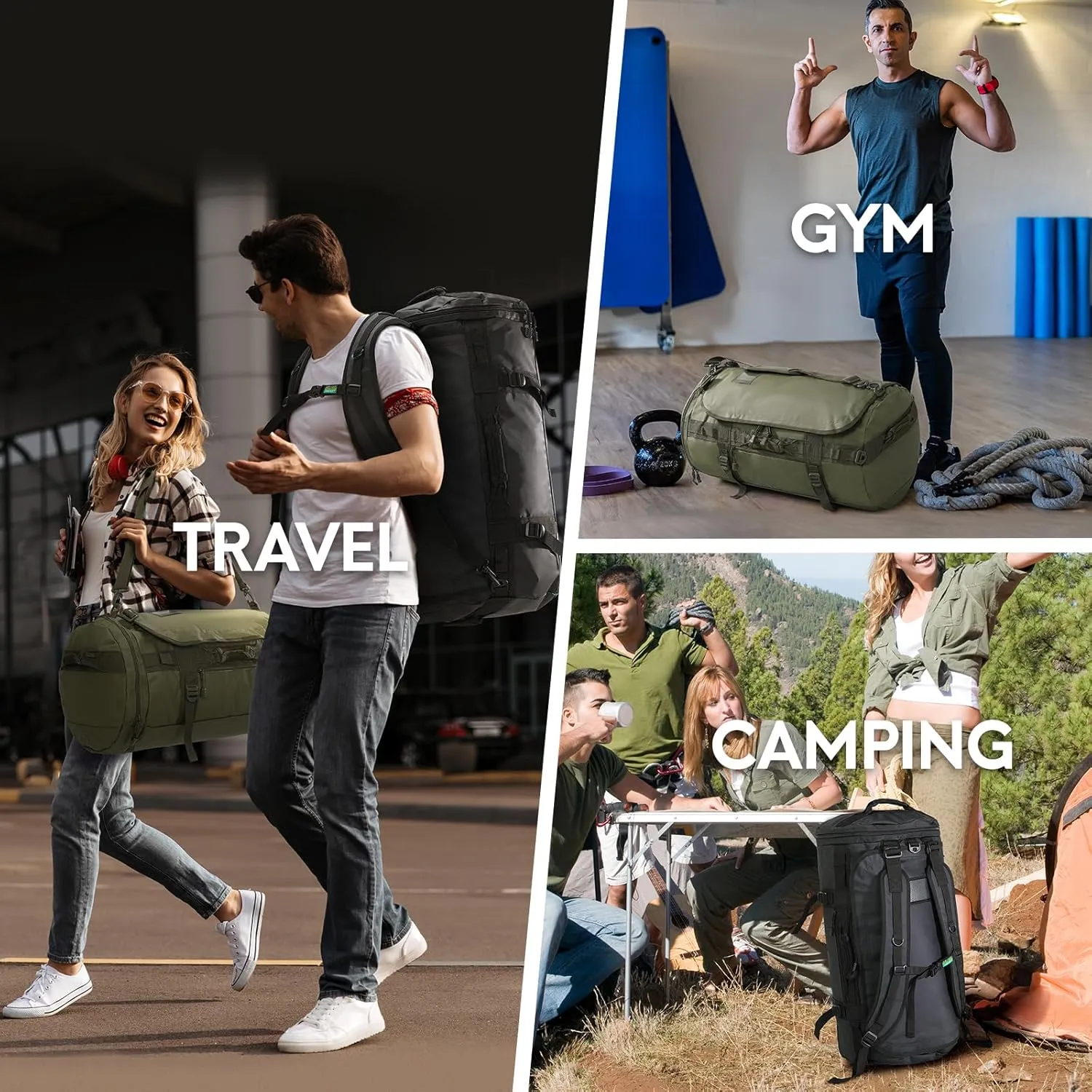 Haimont Duffle Backpack for Men Women, Convertible Travel Duffel Bag Backpack with Shoes Compartment, Heavy Duty Weekender Bags for Sports Gym, Traveling, Camping, Water-resistant, 60L, Black