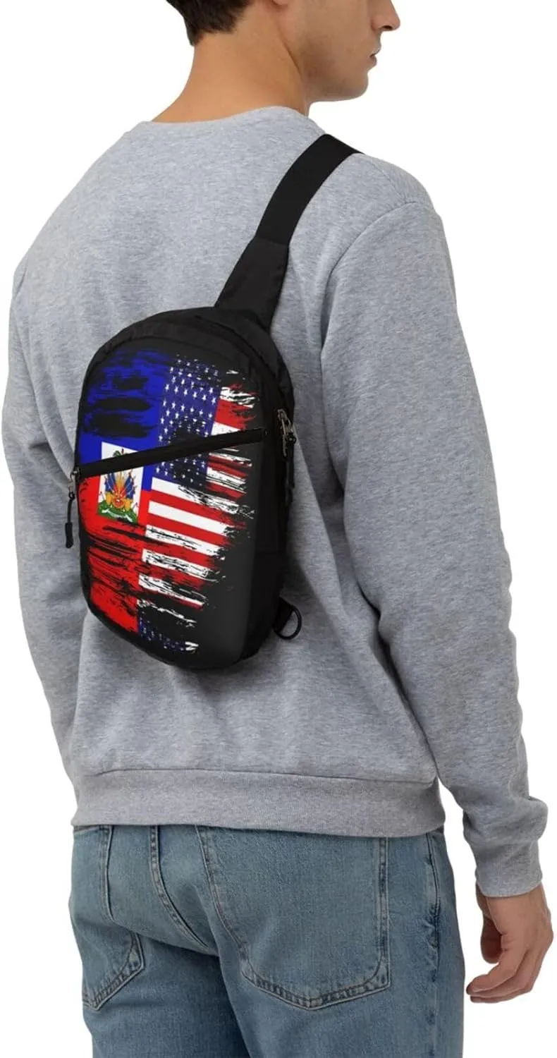 Haiti Haitian American Flag Packable Crossbody Bag Portable Sling Bags Foldable Travel Daypack Reusable Sports Shoulder Backpack Diagonally Chest Bag for Workout