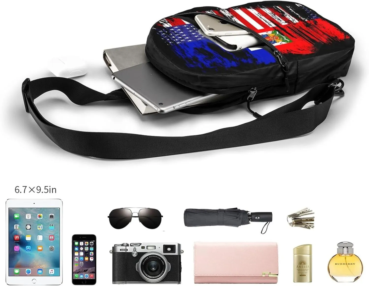 Haiti Haitian American Flag Packable Crossbody Bag Portable Sling Bags Foldable Travel Daypack Reusable Sports Shoulder Backpack Diagonally Chest Bag for Workout