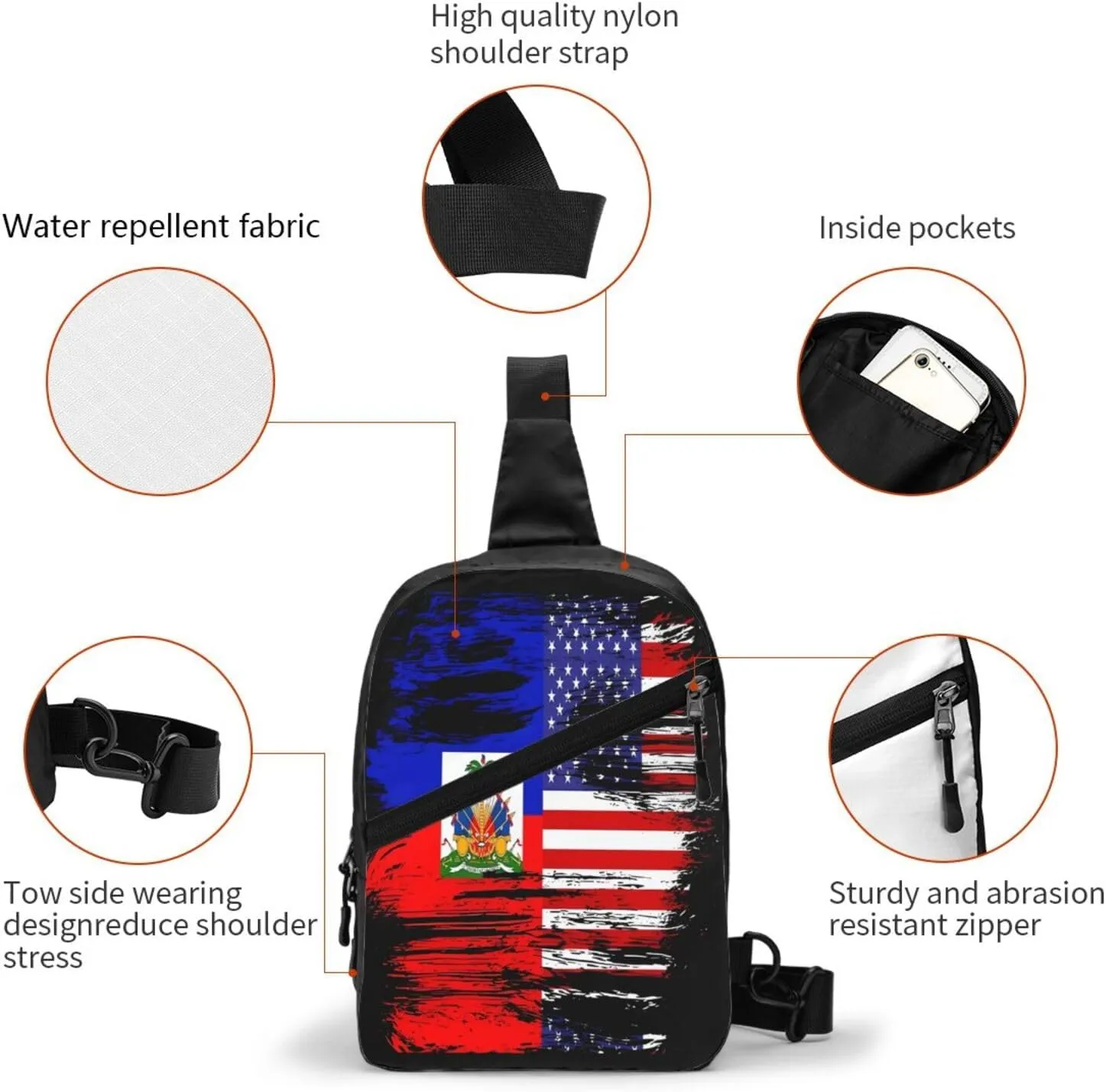 Haiti Haitian American Flag Packable Crossbody Bag Portable Sling Bags Foldable Travel Daypack Reusable Sports Shoulder Backpack Diagonally Chest Bag for Workout